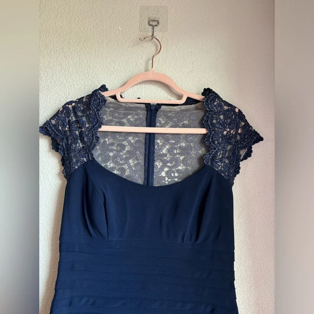 Xscape Navy Blue Lace Cap Sleeve Bodycon Jersey Special Occasion Sheath Dress 10 - Picture 5 of 12